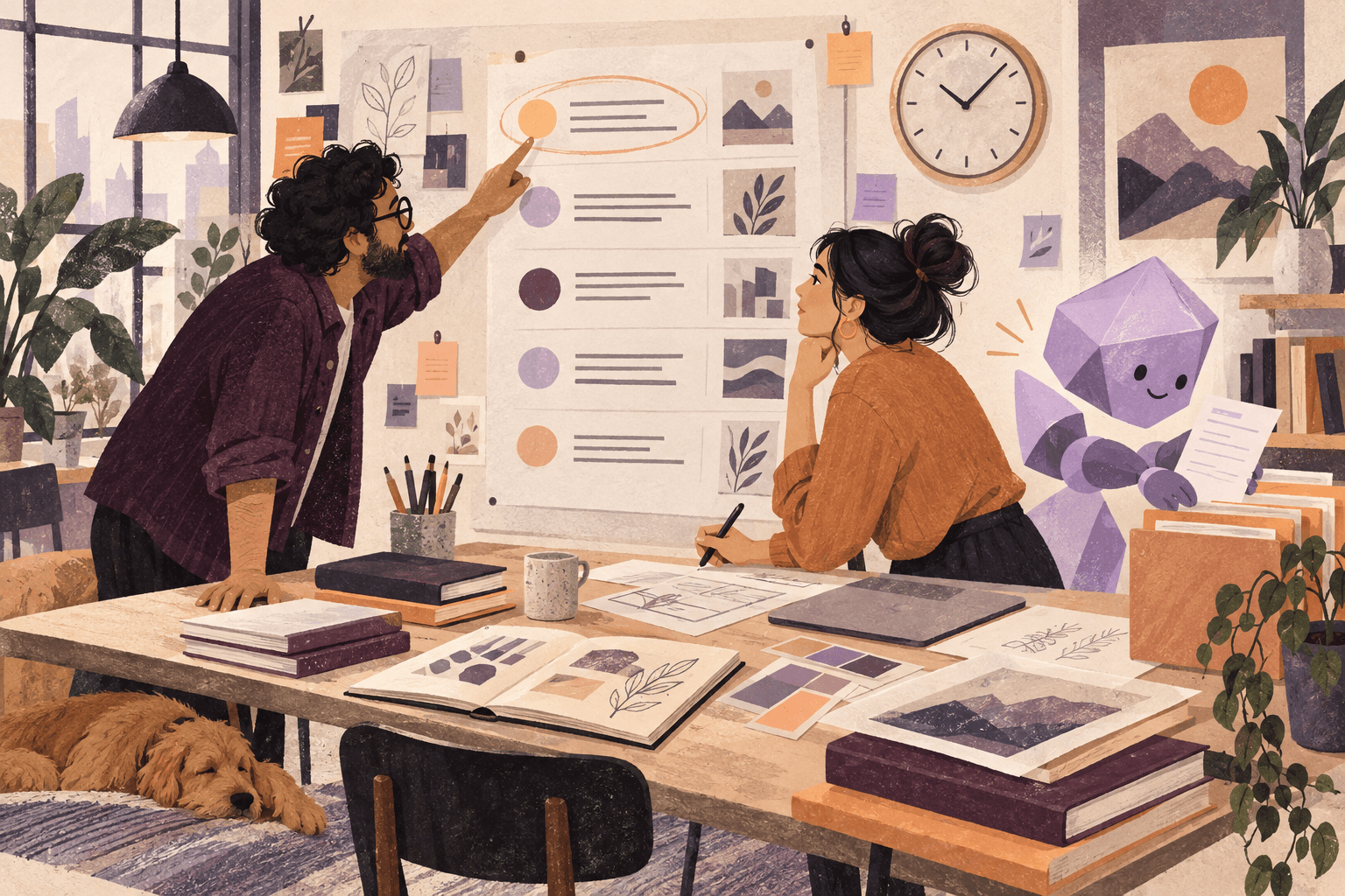 Editorial illustration for Content Operations with Agents, showing agent-assisted work and human review.