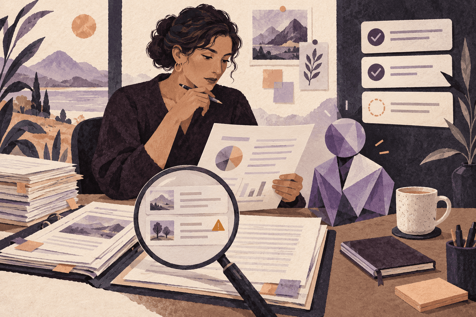 Editorial illustration for Managing Agents Reliably, showing agent-assisted work and human review.