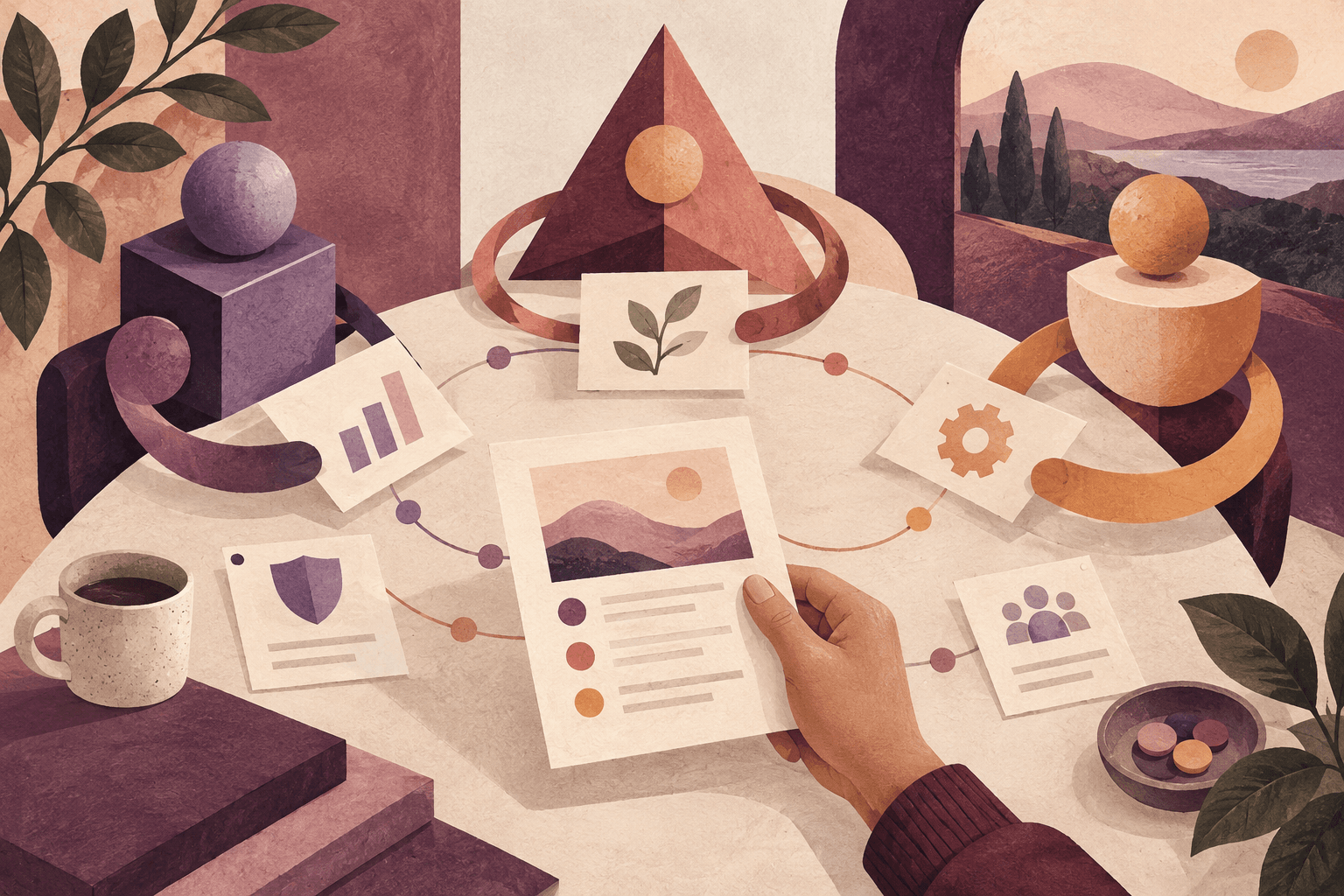 Editorial illustration for Business Agents with Microsoft Copilot Studio, showing agent-assisted work and human review.