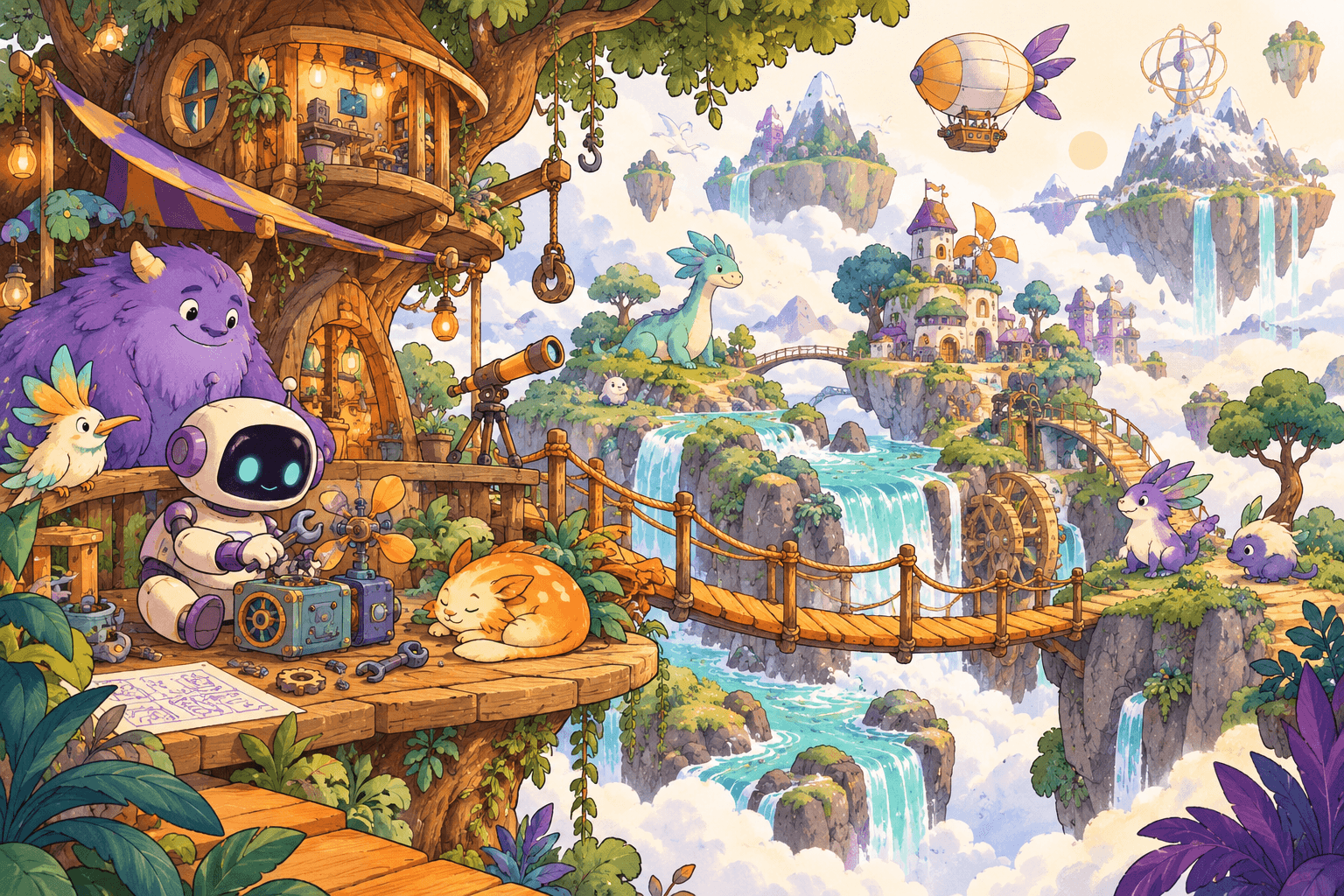 A floating island with a workshop and imaginary creatures